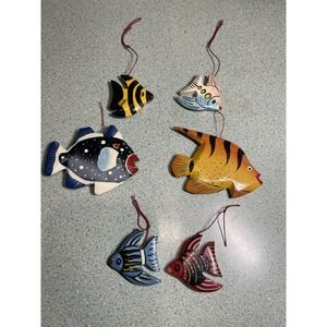 Hand Painted Carved Wooden‎ Fish Ornament Set Of 6 Folk art